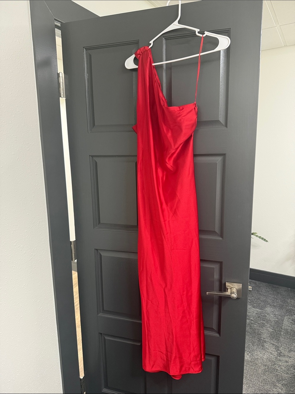 Zara One-Shoulder Red Satin Gown - Picture 2 of 5